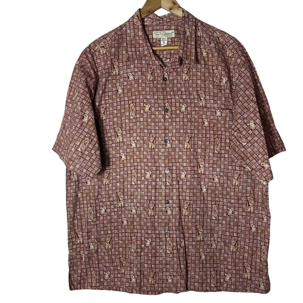 Tori Richard Shirt Mens XL Hawaiian‎ Cotton Lawn Parrot Geometric Rust Red USA